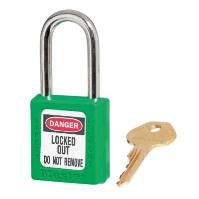 MASTER LOCK GREEN ZENEX™ THERMOPLASTIC SAFETY PADLOCK, 1-1/2IN (38MM) WIDE WITH 3IN (76MM) SHACKLE, KEYED ALIKE MASTER KEYED W417 CYLINDER